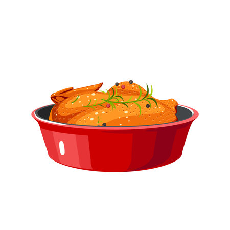 Food preparation. Fried whole chicken in red round baking pan. Kitchen utensil. Vector illustration cartoon flat icon isolated on white background.のイラスト素材