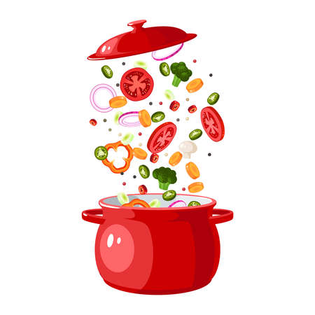 Food preparation. Sliced vegetables in red saucepan with lid. Kitchen utensil. Vector illustration cartoon flat icon isolated on white background.のイラスト素材