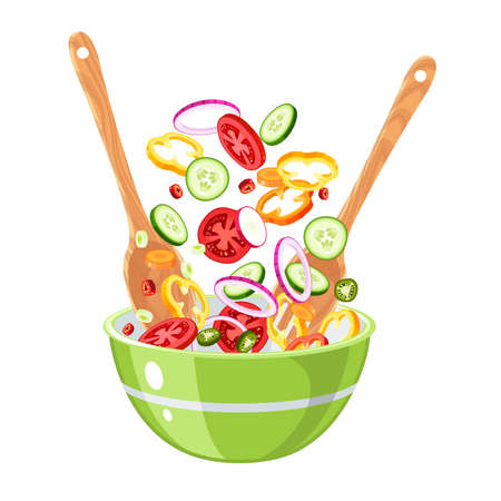 Food cooking. Making salad of raw sliced vegetables in green bowl. Kitchen utensil. Vector illustration cartoon flat icon isolated on white background.のイラスト素材