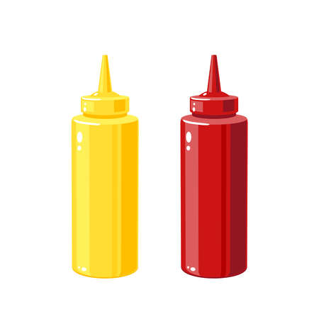 Mustard, ketchup sauces in squeeze bottles for fast food, vector illustration cartoon icons isolated on white background.のイラスト素材