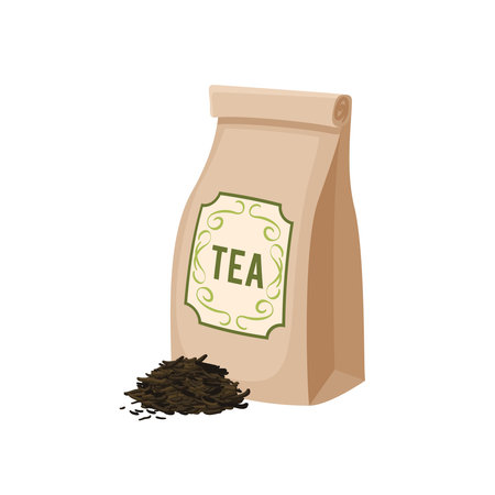 Paper package bag of tea. Vector illustration cartoon flat icon isolated on white background.のイラスト素材