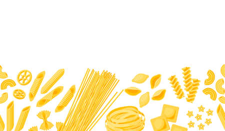Horizontal border frame composition of many kinds of pasta.のイラスト素材
