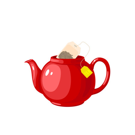 Tea bag in red kettle. Vector illustration cartoon flat icon isolated on white background.のイラスト素材