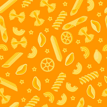 Seamless composition of many kinds of pasta. Vector illustration cartoon flat icon isolated on color background. Template element for packaging design.のイラスト素材