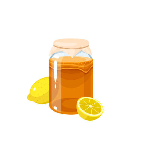 Kombucha fermented tea in glass jar with lemon. Vector illustration flat cartoon icon isolated on white background.のイラスト素材