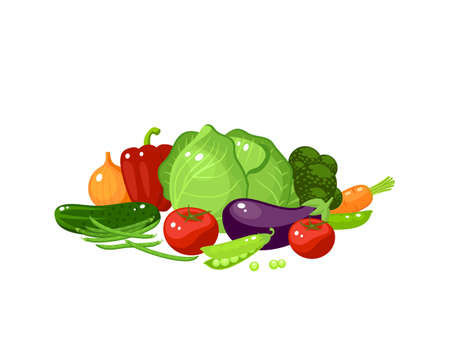 Vegetables composition. Fresh veggies for healthy lifestyle. Vector illustration cartoon flat icon isolated on white.のイラスト素材