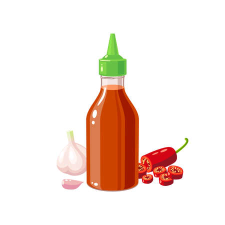 Hot chilli sauce bottle, garlic and pepper, vector illustration cartoon icon isolated on white background.のイラスト素材