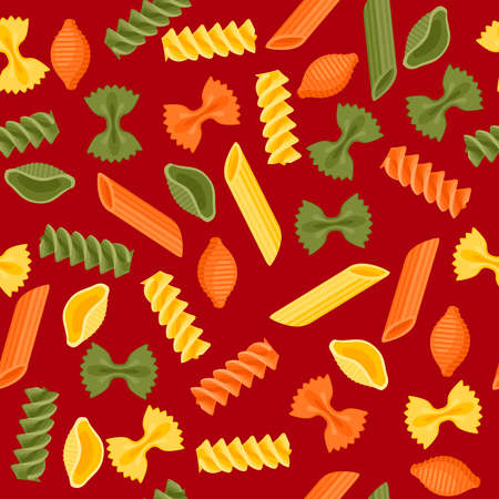 Seamless composition of many kinds of tricolor pasta. Vector illustration cartoon flat icon isolated on color background. Template element for packaging design.のイラスト素材