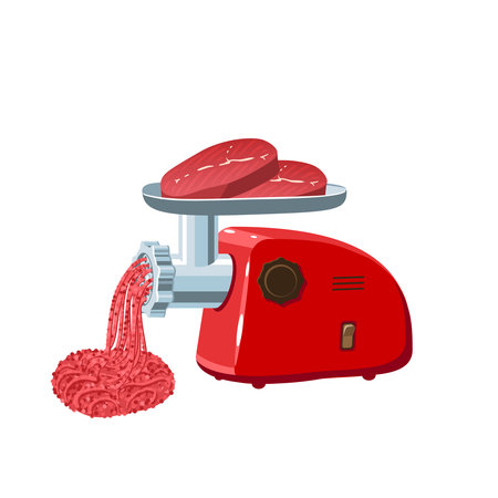 Preparation forcemeat in electric meat grinder. Vector illustration flat cartoon icon isolated on white background.のイラスト素材