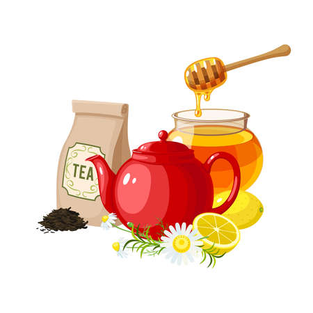 Tea collection, honey and lemon. Vector illustration cartoon flat icon composition isolated on white background.のイラスト素材
