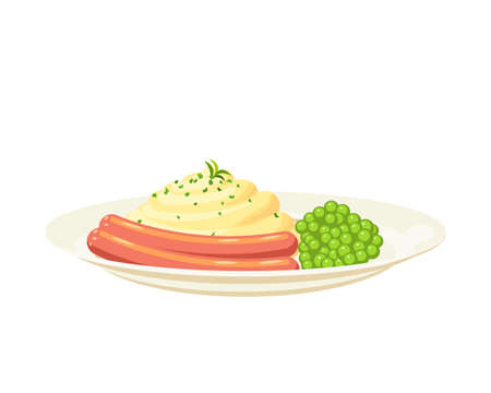 Plate of mashed potatoes with sausages and green peas. Vector illustration cartoon flat icon isolated on white background.のイラスト素材