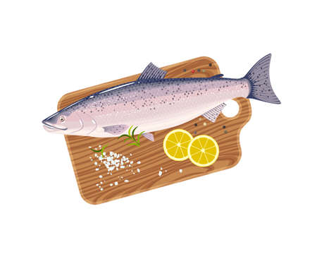 Salmon fish on cutting board with lemon, salt and pepper. Vector illustration cartoon flat icon isolated on white background.のイラスト素材