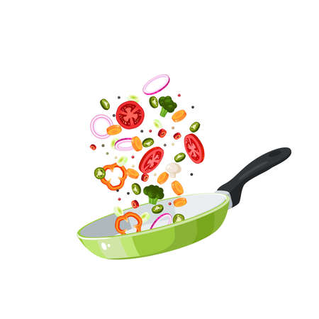 Food preparation. Sliced vegetables in green frying pan. Kitchen utensil. Vector illustration cartoon flat icon isolated on white background.のイラスト素材