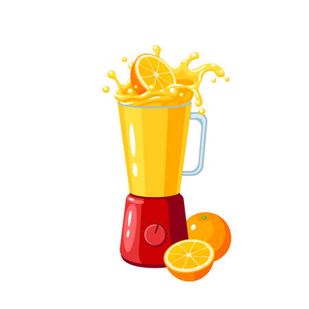 Making orange fresh smoothie in electric blender, preparation healthy organic food. Vector illustration flat cartoon icon isolated on white background.のイラスト素材