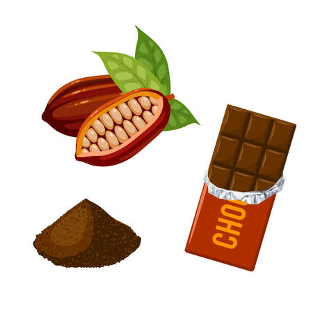 Chocolate bar. Cocoa fruit with beans inside. Cacao powder. Vector illustration cartoon flat icon set isolated on white background.のイラスト素材