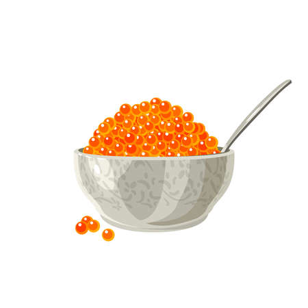 Red salmon caviar in bowl with spoon. Vector illustration cartoon flat icon isolated on white background.のイラスト素材