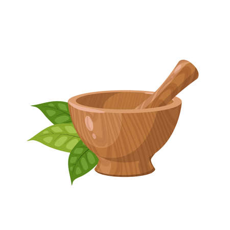Herbs and wooden mortar. Vector illustration cartoon flat icon isolated on white background.のイラスト素材