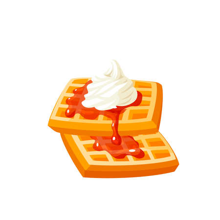 Waffles topped with fruit syrup and whipped cream. Vector illustration cartoon flat icon isolated on white background.のイラスト素材