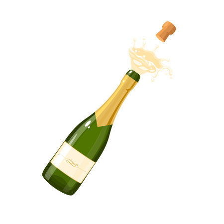 Bottle of champagne wine, exploding opening for celebration. Vector illustration cartoon flat icon isolated on white background.のイラスト素材