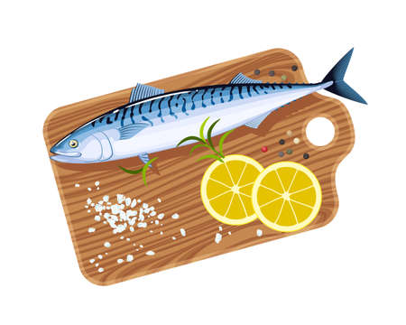 Mackerel fish on cutting board with lemon, salt and pepper. Vector illustration cartoon flat icon isolated on white background.のイラスト素材