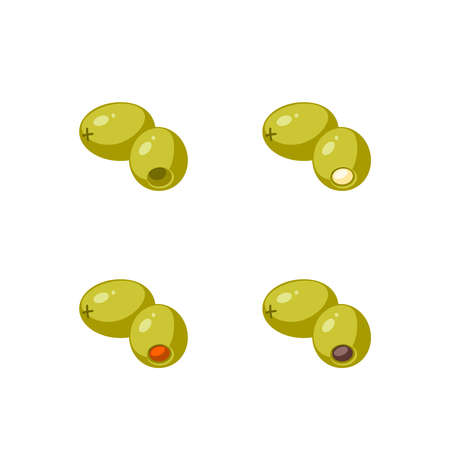 Set of pitted and filled green olives. Vector illustration of cartoon flat icon collection isolated on white background.のイラスト素材