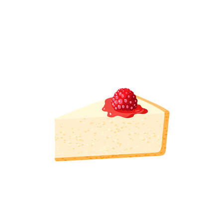 Cheesecake slice with raspberry. Vector illustration cartoon flat icon isolated on white background.のイラスト素材
