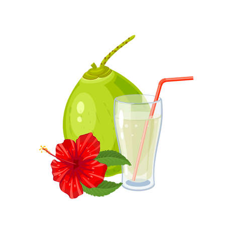 Glass of young green coconut water drink with hibiscus. Vector illustration cartoon flat icon isolated on white.のイラスト素材