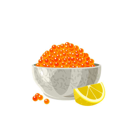 Red salmon caviar and lemon. Vector illustration cartoon flat icon isolated on white background.のイラスト素材