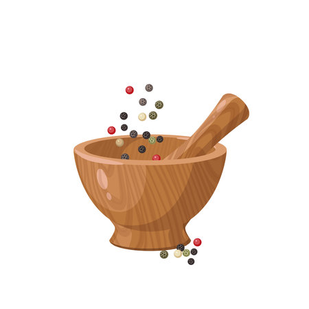 Pounding peppercorn mix in wooden mortar. Vector illustration cartoon flat icon isolated on white background.のイラスト素材