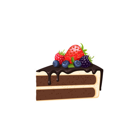 Chocolate cake glazed and topped with berries. Vector illustration cartoon flat icon isolated on white background.のイラスト素材