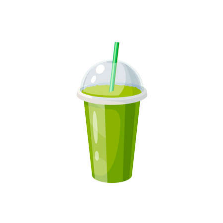 Plastic cup with lid and straw, full of matcha. Vector illustration cartoon flat icon isolated on white.のイラスト素材