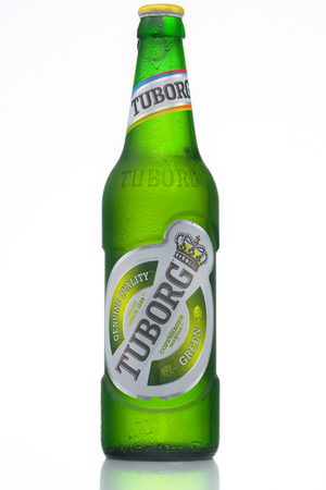 MINSK, BELARUS-AUGUST 23, 2016. Tuborg glass bottle beer ion isolated white background.のeditorial素材