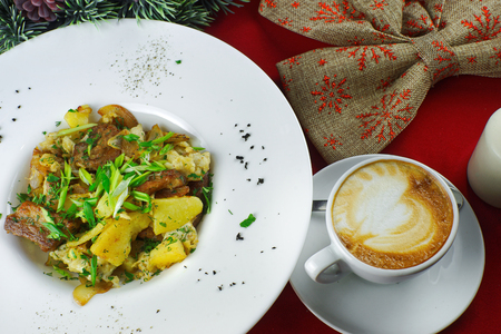 Breakfast with potatoes and mushroomsの写真素材
