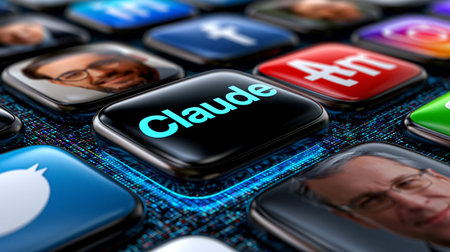 Close up of AI chatbot application icon surrounded by social media and communication apps on futuristic digital interface