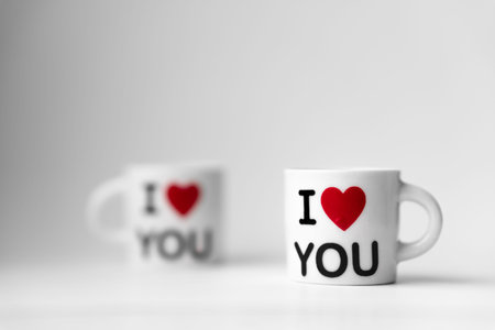 Two white cups with a red heart and an inscription I love you on a white background