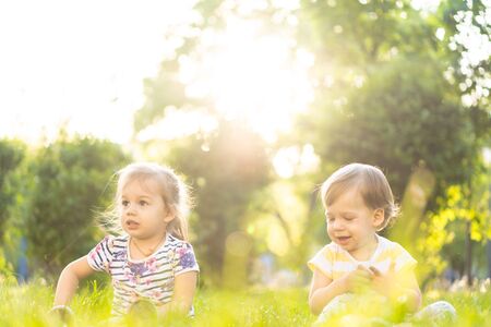 Childhood, summer and leisure concept - two cute happy little babies of irish twins boy and girl sitting in bright grass with dandelions in the backlight of a sunset in the park.の写真素材