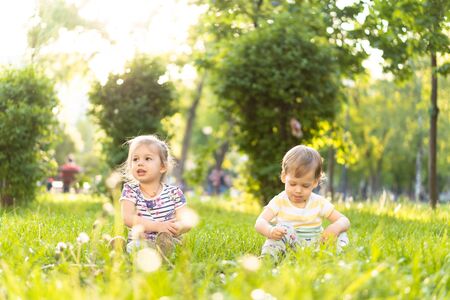Childhood, summer and leisure concept - two cute happy little babies of irish twins boy and girl sitting in bright grass with dandelions in the backlight of a sunset in the park.の写真素材