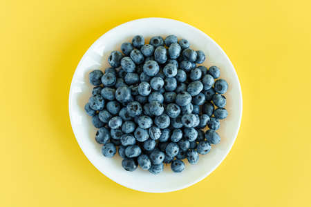 fruit and oat, vitamin, healthy food and drink, traditional medicine, gastronomy concept - layout of purple and blue blueberry berries in white plate or vessel on bright yellow background copy spaceの写真素材