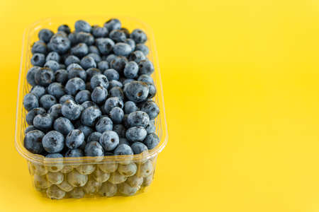 fruit and oat, vitamin, healthy food and drink, traditional medicine, gastronomy concept - purple and blue blueberry berries in plastic charcoal transparent tray on bright yellow background copy spaceの写真素材