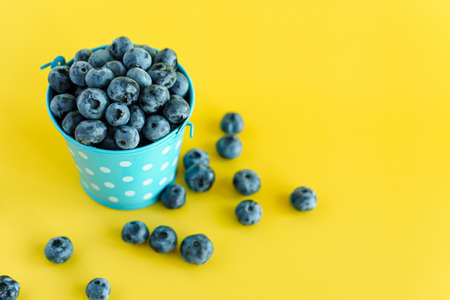 fruits and vegetables, vitamin, healthy food and drink, traditional medicine, gastronomy concept - layout purple blueberry berries in blue bucket with white dots on bright yellow background copy spaceの写真素材