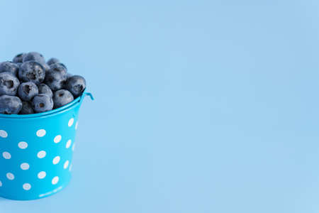 fruits and vegetables, vitamin, healthy food and drink, traditional medicine, gastronomy concept - layout purple blueberry berries in blue bucket with white dots on bright blue background copy spaceの写真素材