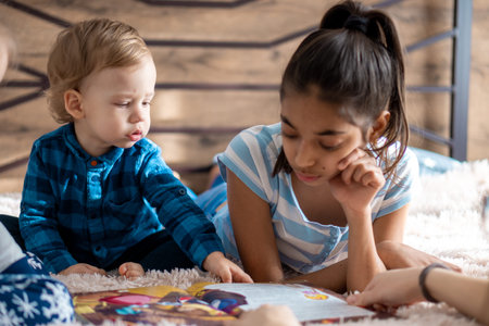 friendship, childhood, technology concepts - 3 young children baby of different nationalities...