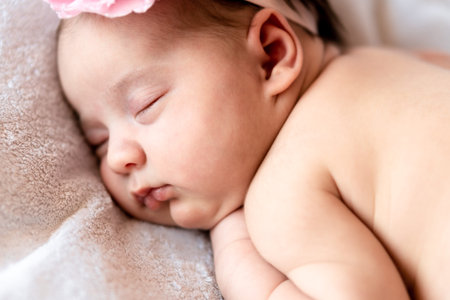 Childhood, care, motherhood, health, medicine, pediatrics concepts - Close up Little peace calm...