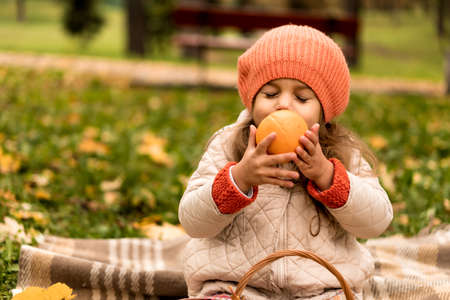Little Cute Preschool Minor Baby Girl In Beret On Plaid Sniffs Orange Yellow Fallen Leaves In Basket Nice Smiling Close Eyes At Cold Weather In Fall Park. Childhood, Family, Motherhood, Autumn Conceptの写真素材