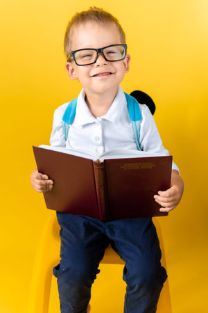 Portrait of Funny Preschool Child Boy in Big Glasses sits on chair Reads Book on Yellow Background....