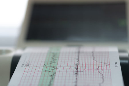 Electronic Cardiotocography Machine Monitoring Fetal Heart Contractions Of Uterus. Printing...