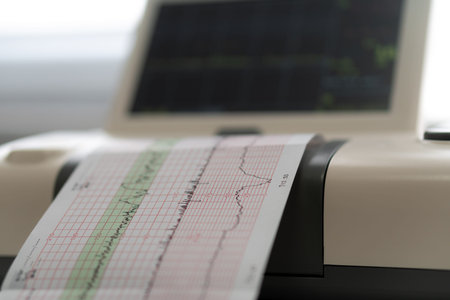 Electronic Cardiotocography Machine Monitoring Fetal Heart Contractions Of Uterus. Printing...