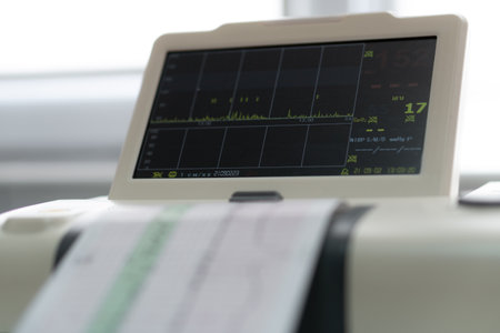 Electronic Cardiotocography Machine Monitoring Fetal Heart Contractions Of Uterus. Printing Cardiogram Report Coming Out Electrocardiogram In Labor Ward During Pregnancy. Medical Diagnostic Equipmentの写真素材