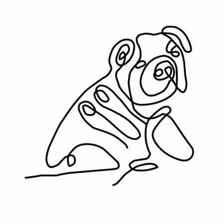 Dog sitting sideways in continuous line art drawing style. Black minimalistic linear sketch of dog sitting sideways isolated on white background. Vector illustrationのイラスト素材