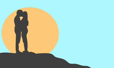 Vector illustration, man and woman couple hugging and kissing on the beach with sunset background.のイラスト素材